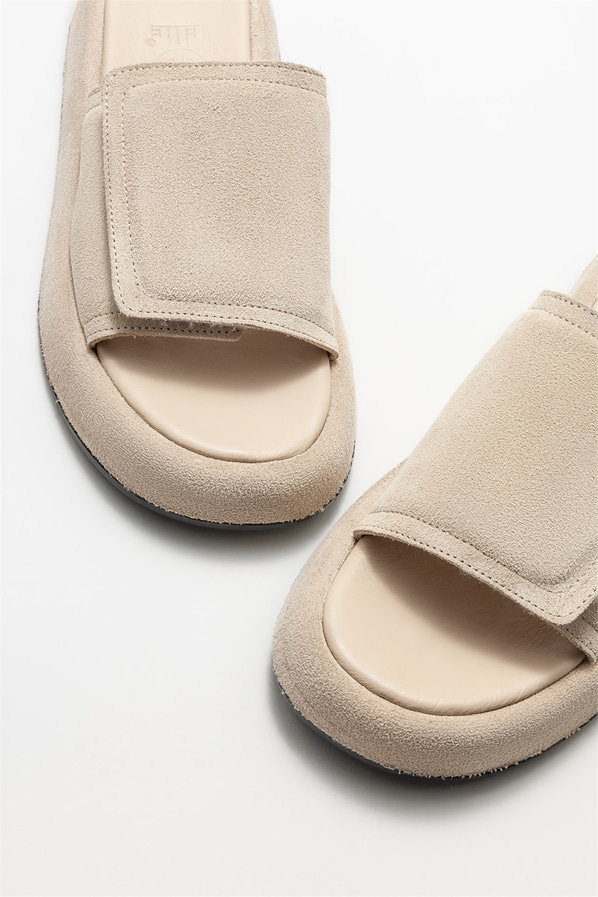 Bej deri kadın düz terlik - Elle Shoes
