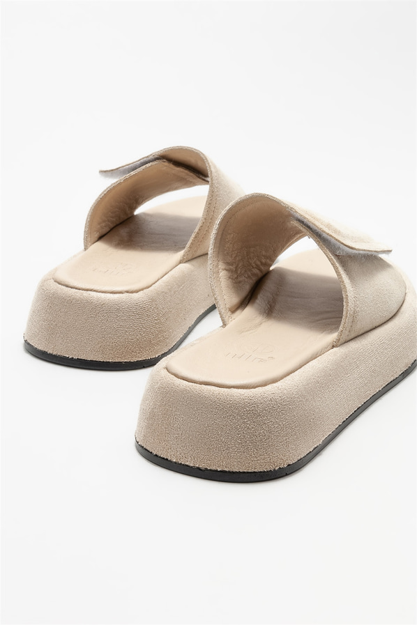 Bej deri kadın düz terlik - Elle Shoes