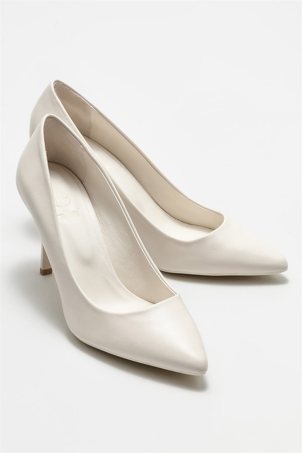 Bej deri sivri burunlu topuklu kadın stiletto, klasik stil için - Elle Shoes