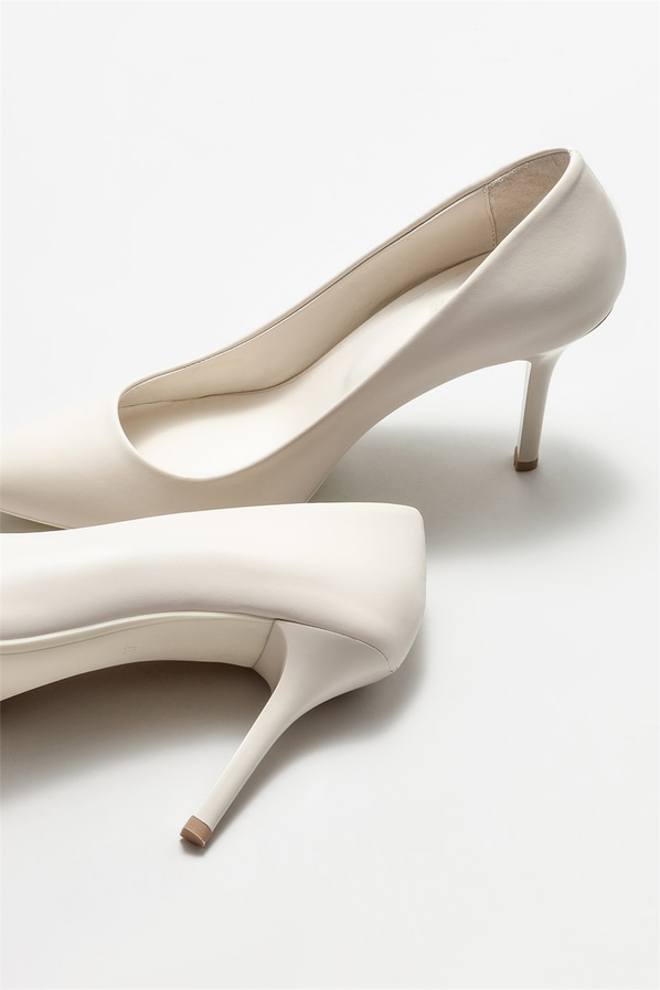 Bej deri sivri burunlu topuklu kadın stiletto, klasik stil için - Elle Shoes