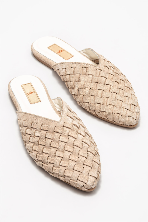 Bej deri kadın düz terlik - Elle Shoes