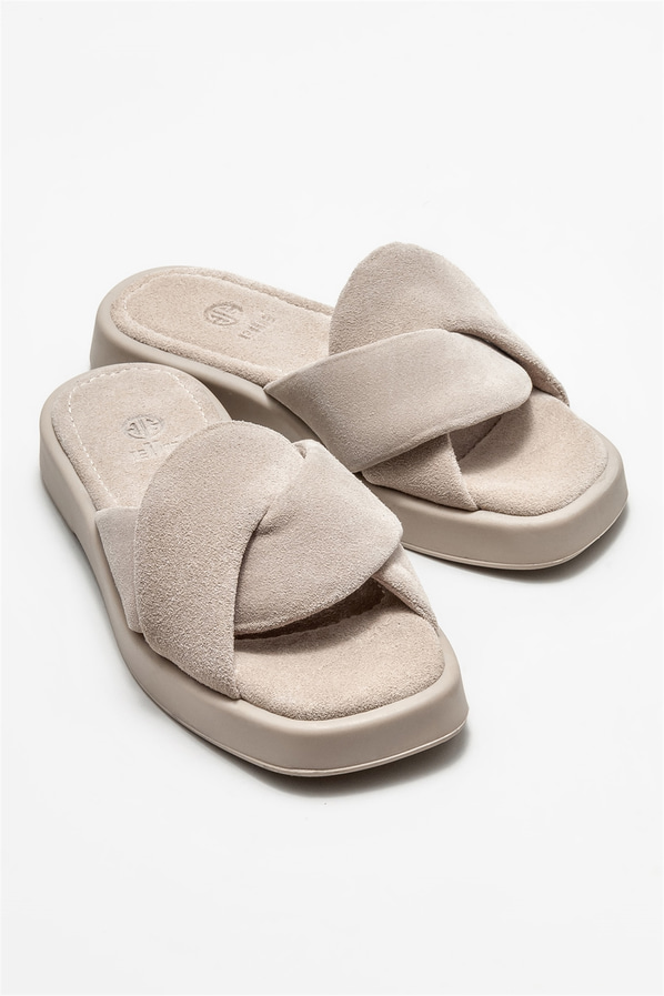 Bej deri kadın düz terlik - Elle Shoes