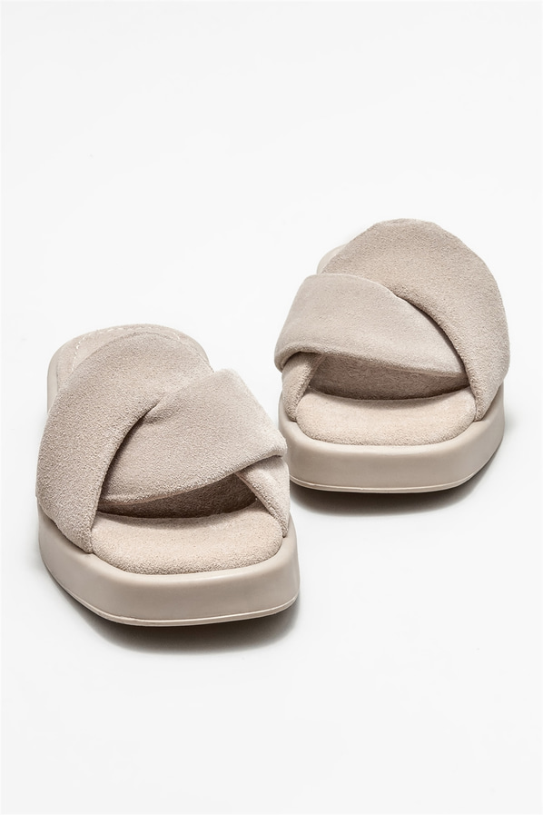 Bej deri kadın düz terlik - Elle Shoes