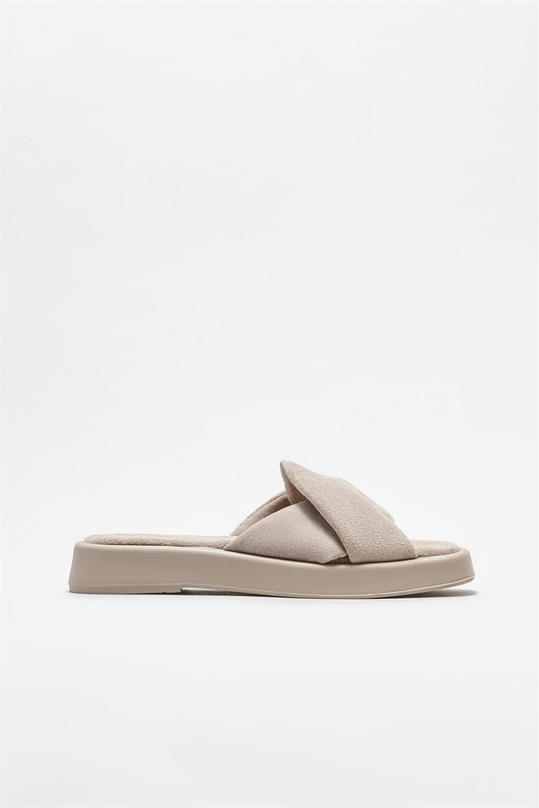 Bej deri kadın düz terlik - Elle Shoes