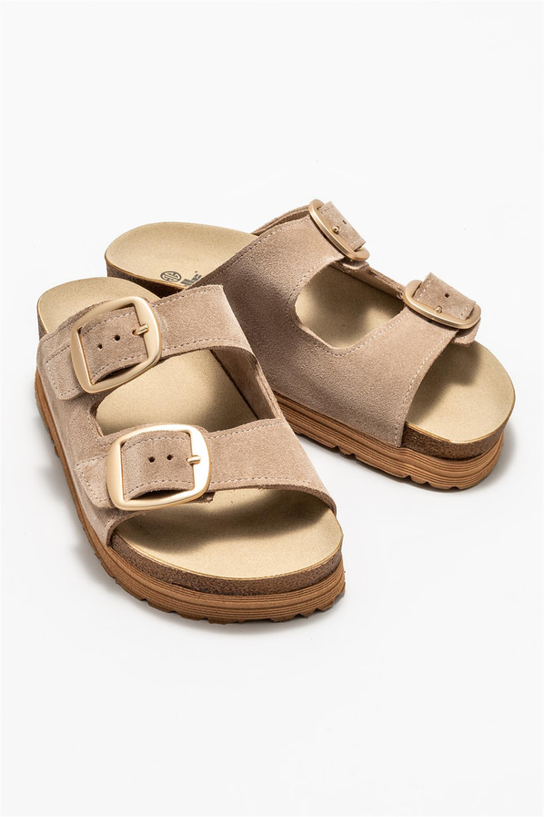 Bej deri kadın düz terlik - Elle Shoes