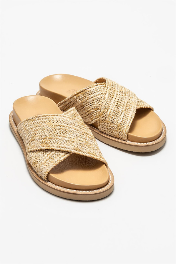 Bej deri kadın düz terlik - Elle Shoes