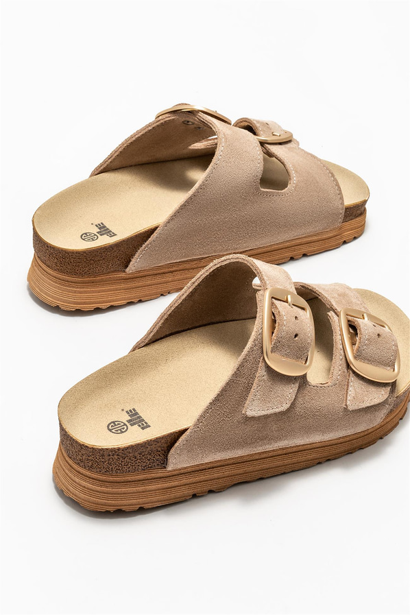 Bej deri kadın düz terlik - Elle Shoes