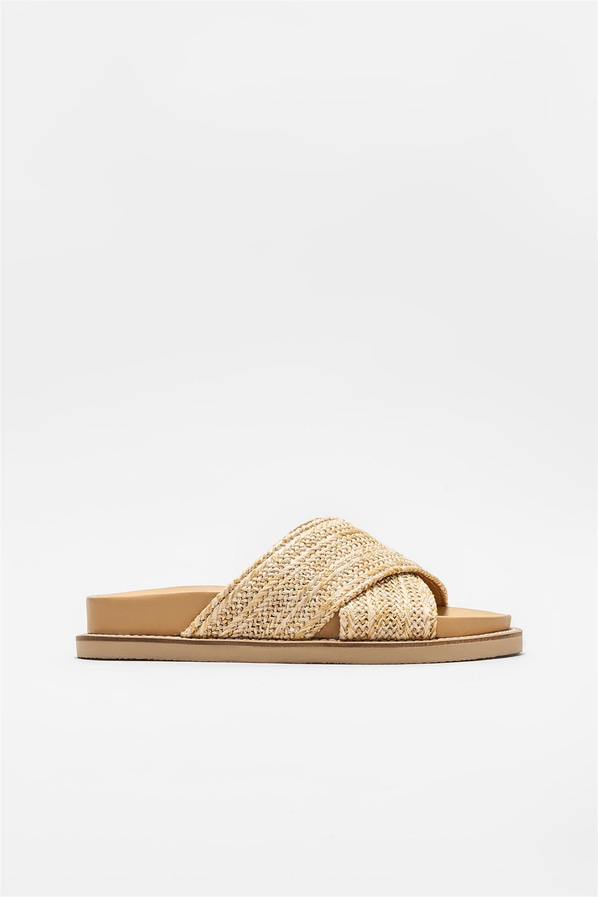 Bej deri kadın düz terlik - Elle Shoes