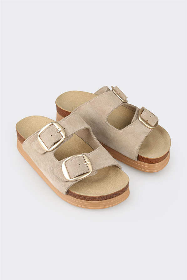 Bej deri simli kadın düz terlik, rahat kullanım için - Elle Shoes