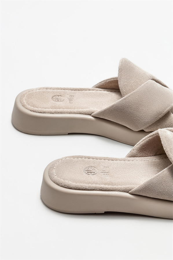Bej deri kadın düz terlik - Elle Shoes