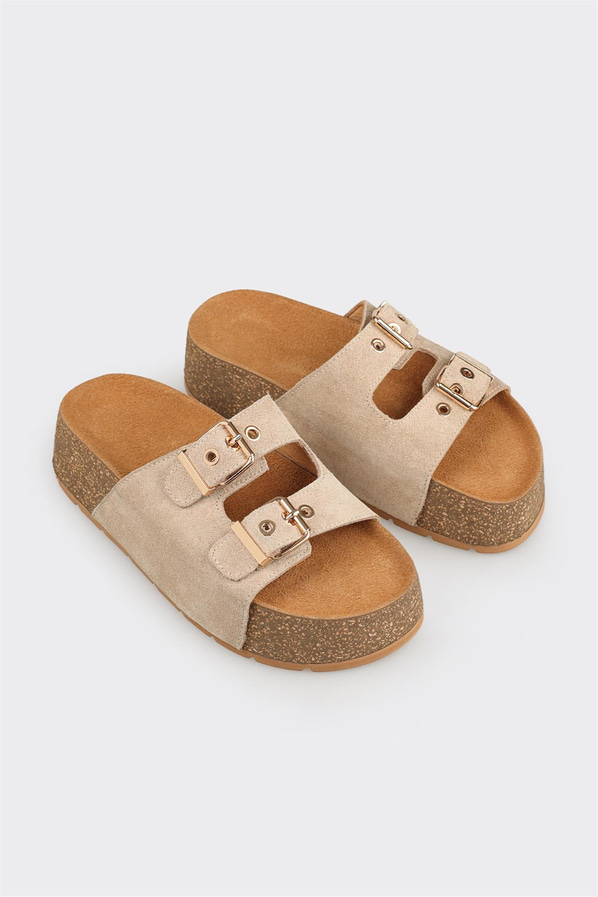 Bej deri kadın terlik, ofis stili için - Elle Shoes