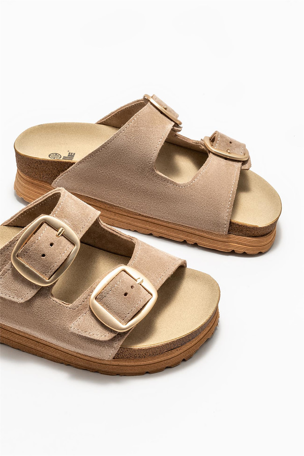 Bej deri kadın düz terlik - Elle Shoes