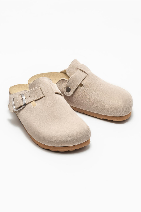 Bej deri kadın düz terlik - Elle Shoes