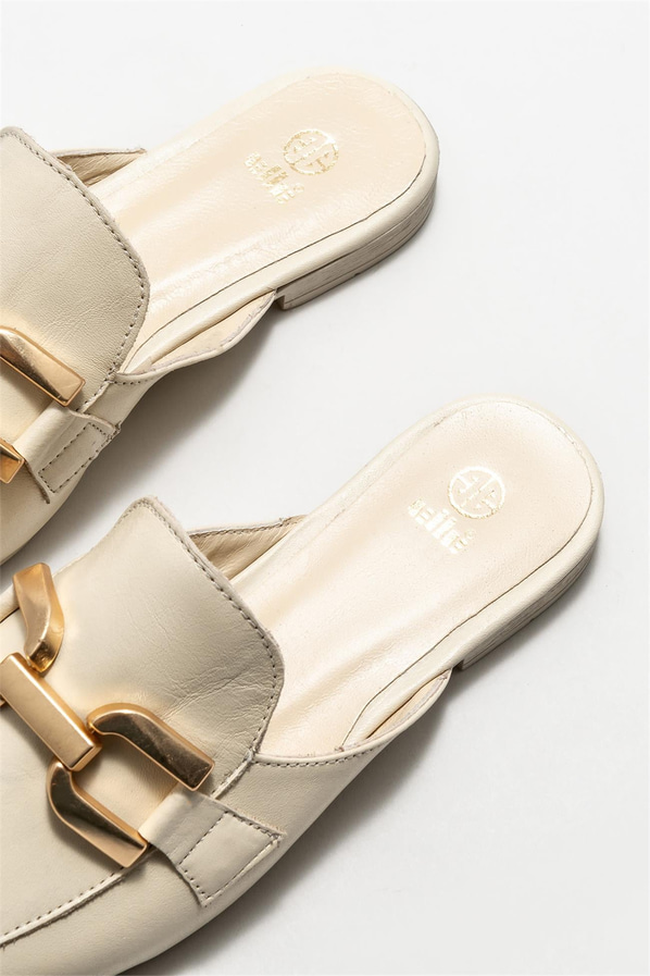 Bej deri kadın düz terlik - Elle Shoes
