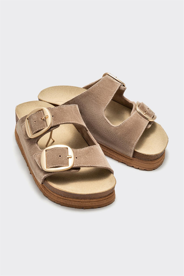 Bej deri simli kadın düz terlik, rahat kullanım için - Elle Shoes