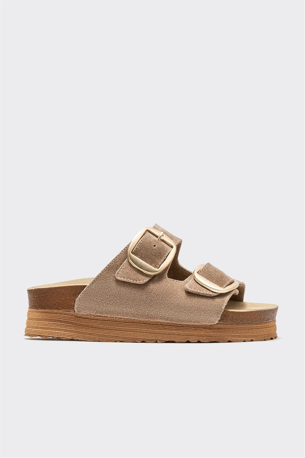 Bej deri simli kadın düz terlik, rahat kullanım için - Elle Shoes