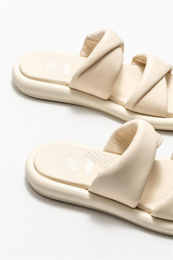 Bej deri kadın düz terlik - Elle Shoes