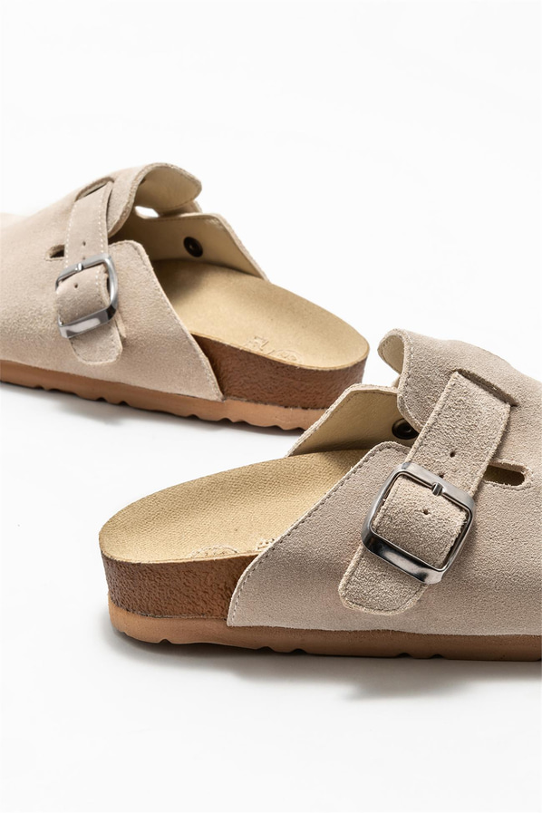 Bej deri kadın düz terlik - Elle Shoes