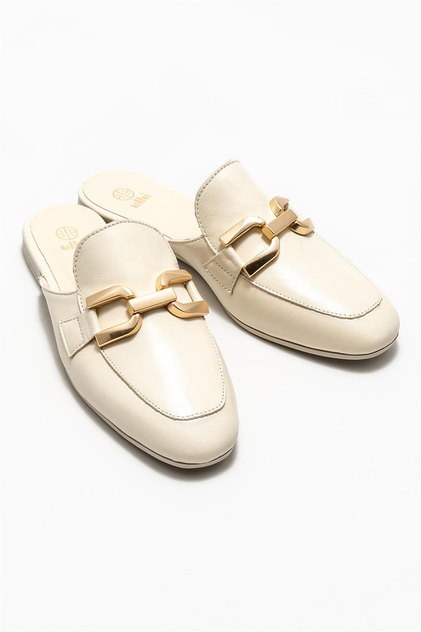 Bej deri kadın düz terlik - Elle Shoes