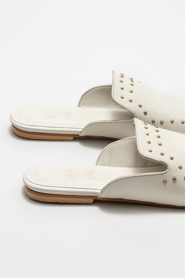 Bej deri kadın düz terlik - Elle Shoes
