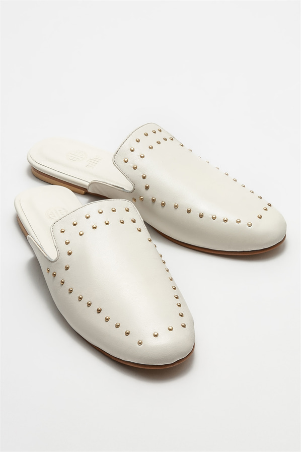 Bej deri kadın düz terlik - Elle Shoes