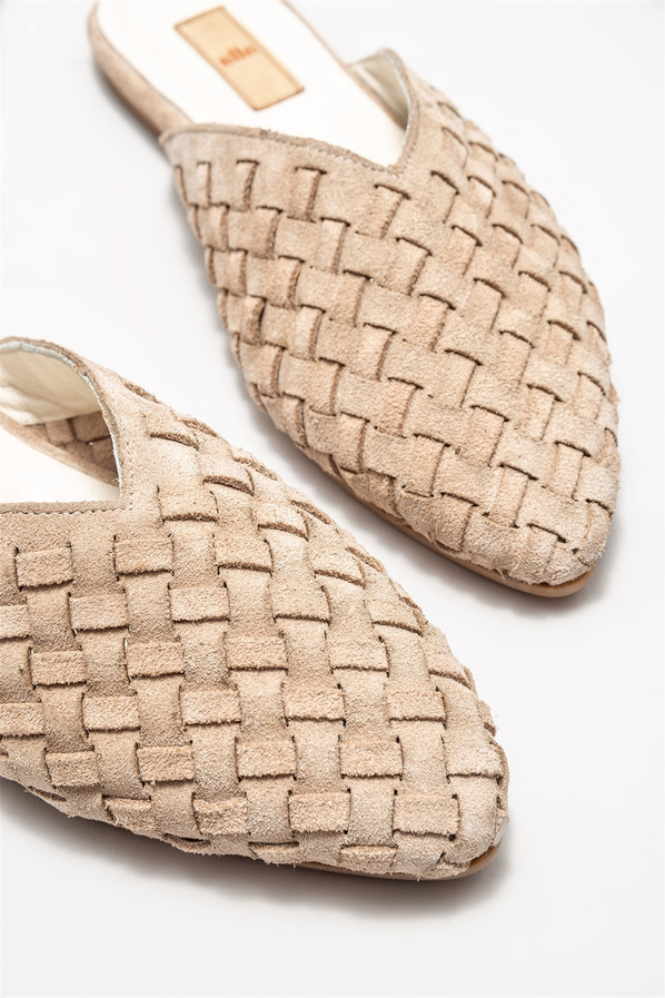 Bej deri kadın düz terlik - Elle Shoes