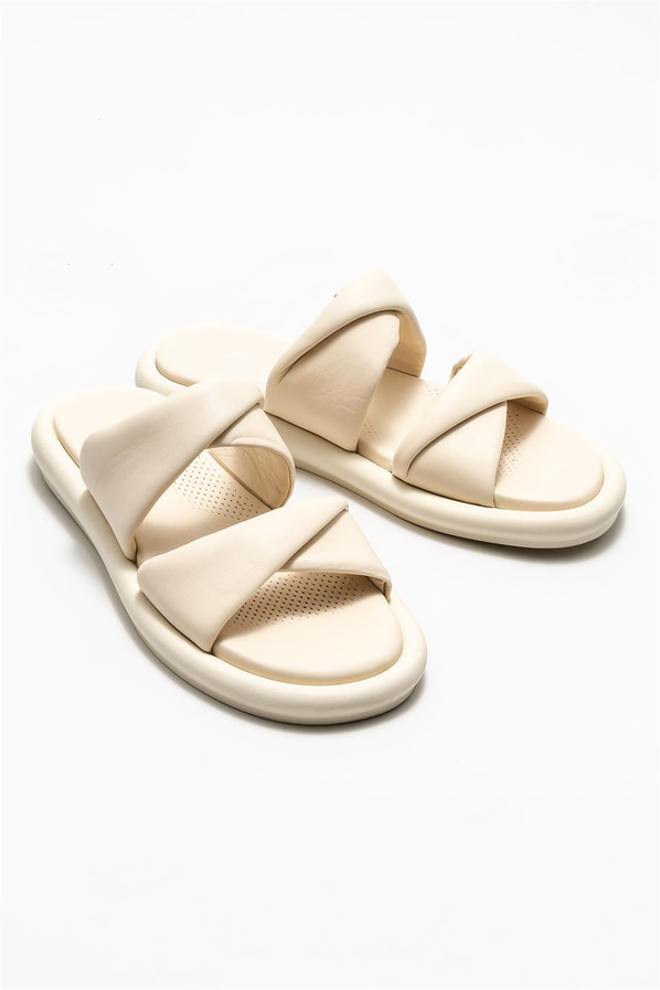 Bej deri kadın düz terlik - Elle Shoes