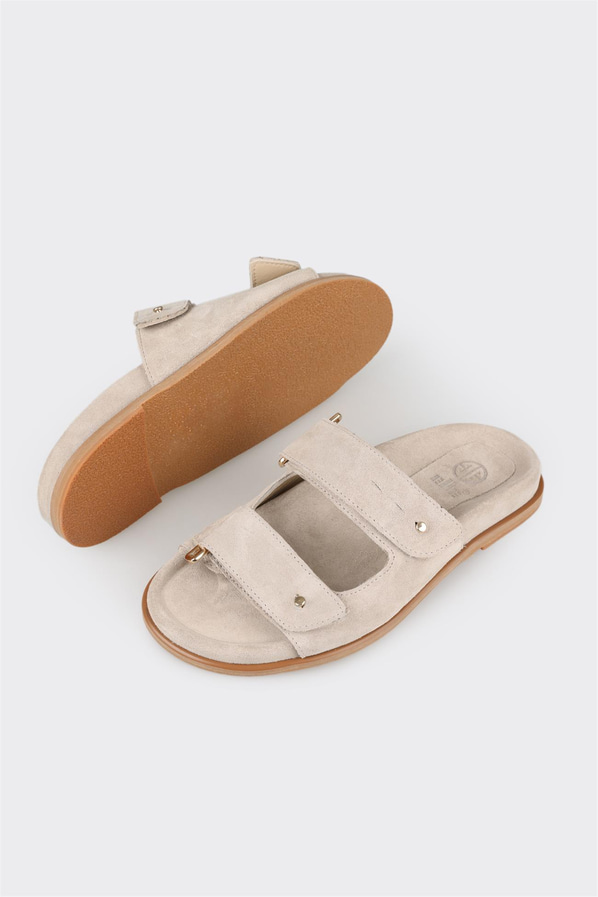 Bej deri kadın düz terlik, ofis stili için - Elle Shoes