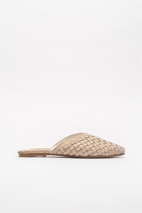 Bej deri kadın düz terlik - Elle Shoes