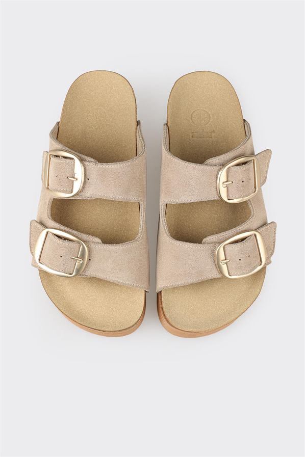 Bej deri simli kadın düz terlik, rahat kullanım için - Elle Shoes