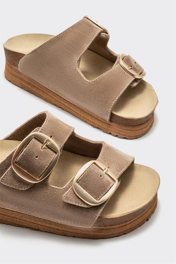Bej deri simli kadın düz terlik, rahat kullanım için - Elle Shoes