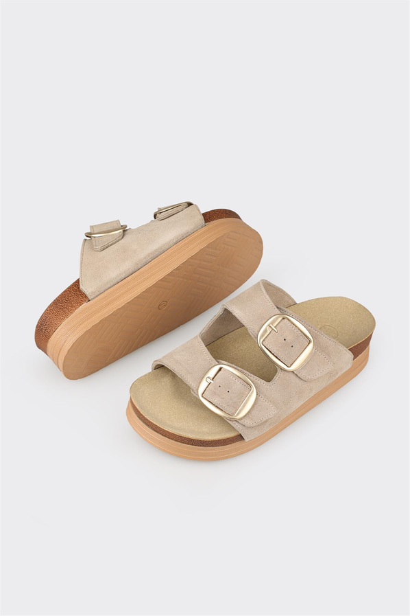 Bej deri simli kadın düz terlik, rahat kullanım için - Elle Shoes