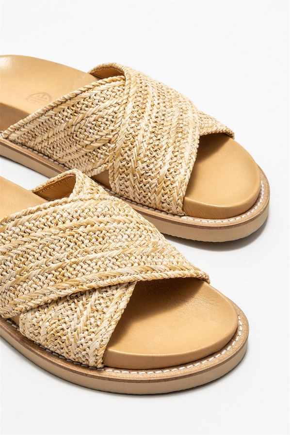 Bej deri kadın düz terlik - Elle Shoes