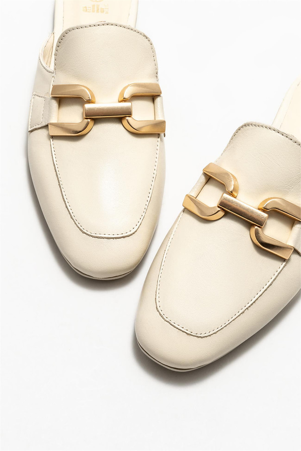 Bej deri kadın düz terlik - Elle Shoes