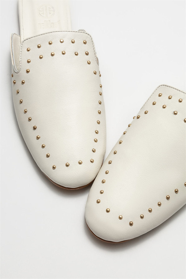 Bej deri kadın düz terlik - Elle Shoes
