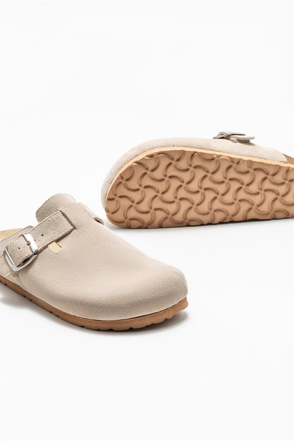 Bej deri kadın düz terlik - Elle Shoes
