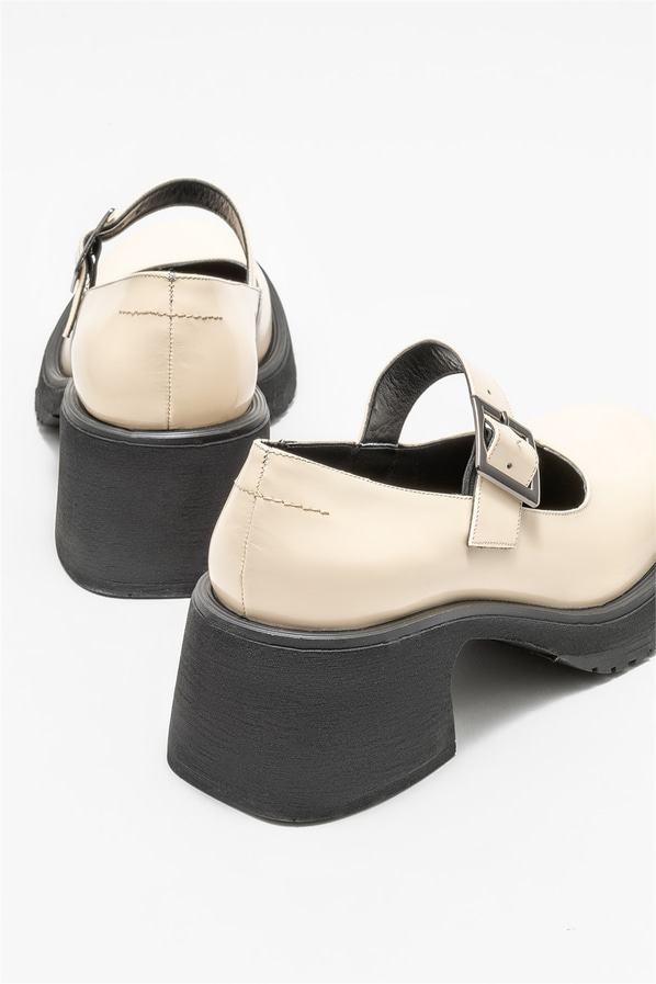 Bej deri topuklu kadın ayakkabı - Elle Shoes