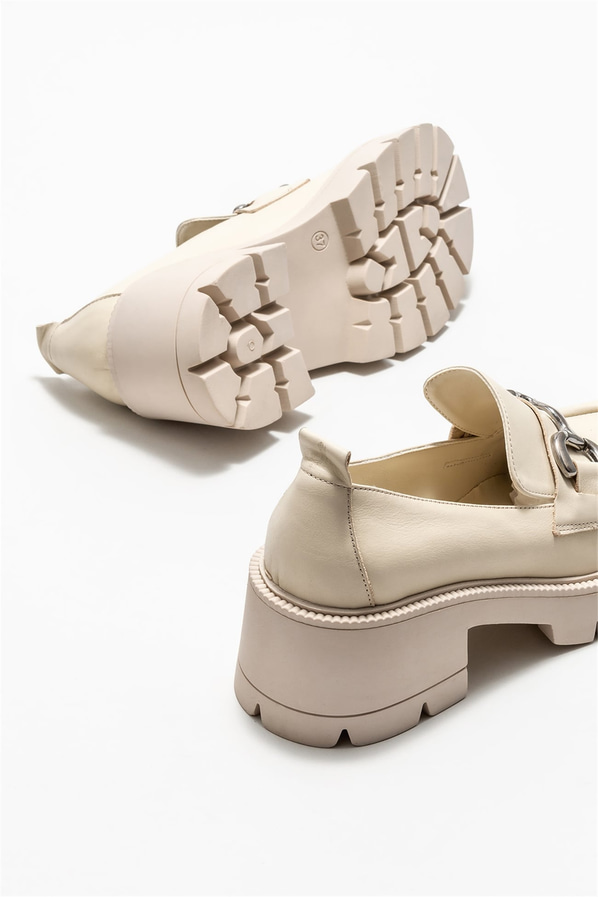 Bej deri topuklu kadın ayakkabı - Elle Shoes