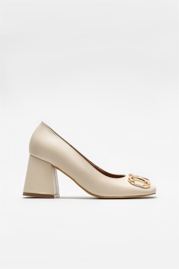 Bej deri topuklu kadın ayakkabı - Elle Shoes