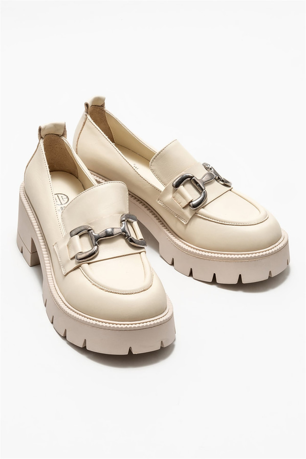 Bej deri topuklu kadın ayakkabı - Elle Shoes