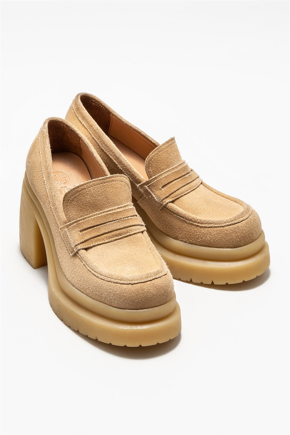Bej deri topuklu kadın ayakkabı - Elle Shoes
