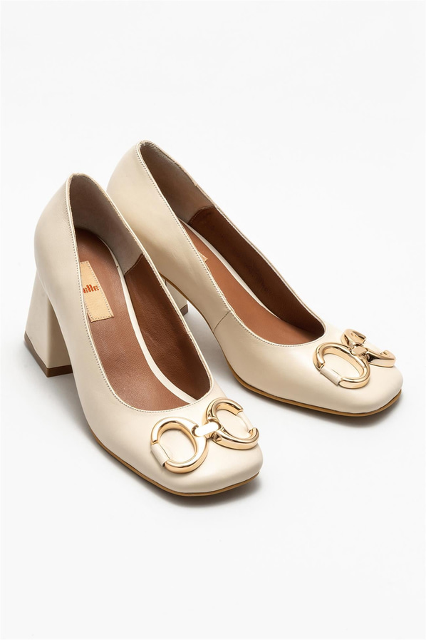 Bej deri topuklu kadın ayakkabı - Elle Shoes