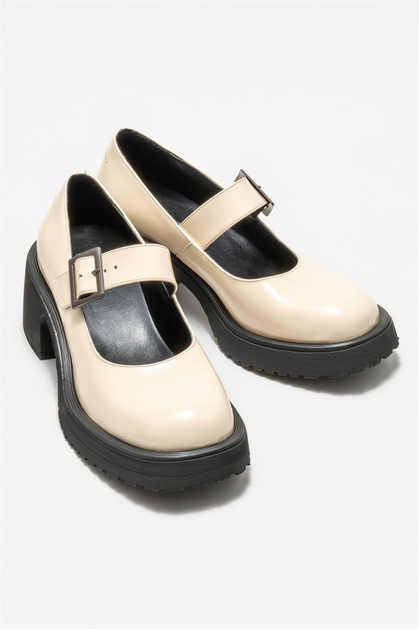 Bej deri topuklu kadın ayakkabı - Elle Shoes