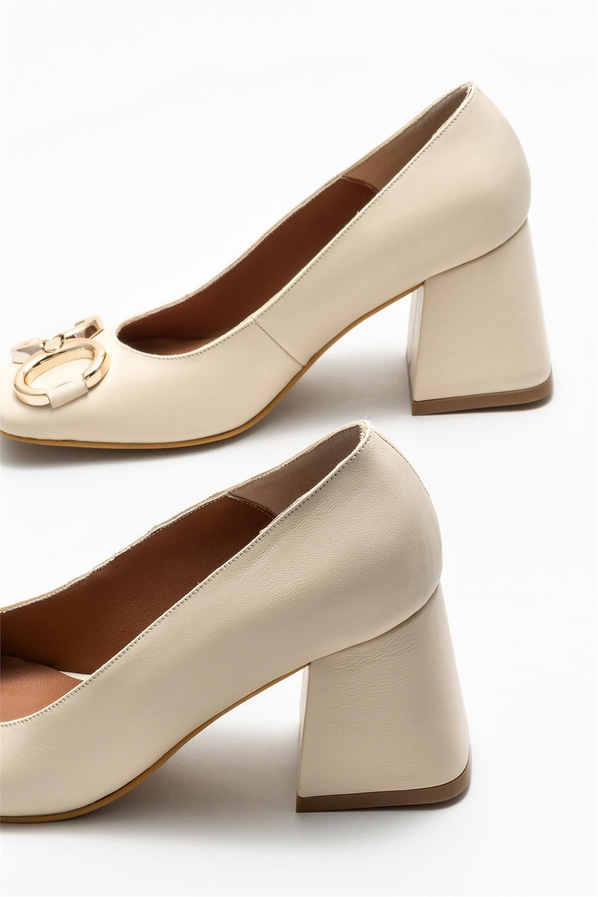 Bej deri topuklu kadın ayakkabı - Elle Shoes