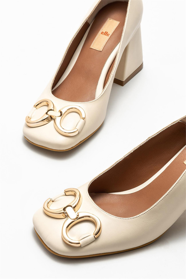 Bej deri topuklu kadın ayakkabı - Elle Shoes