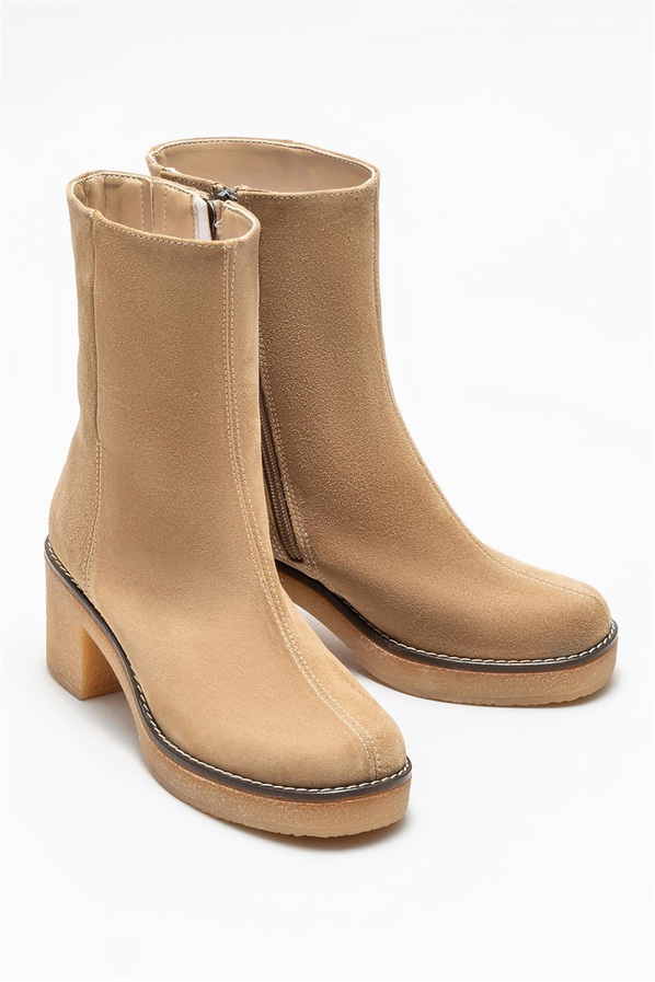 Bej deri topuklu kadın bot - Elle Shoes