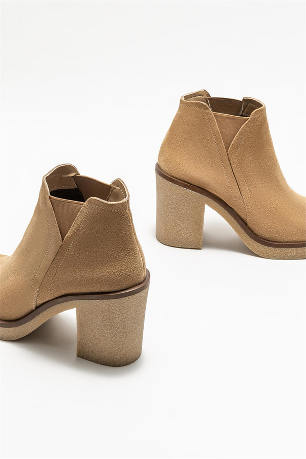 Bej deri topuklu kadın bot - Elle Shoes