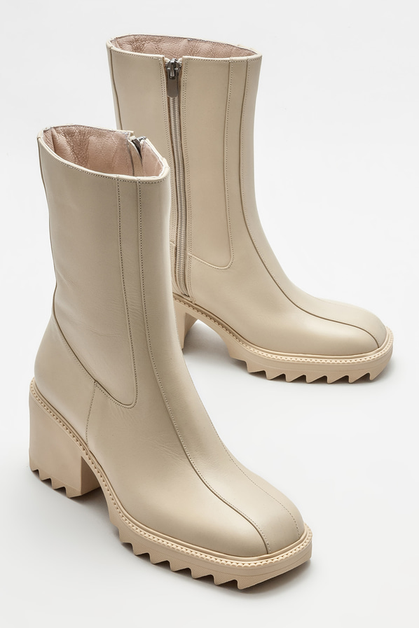 Bej deri topuklu kadın chelsea bot - Elle Shoes