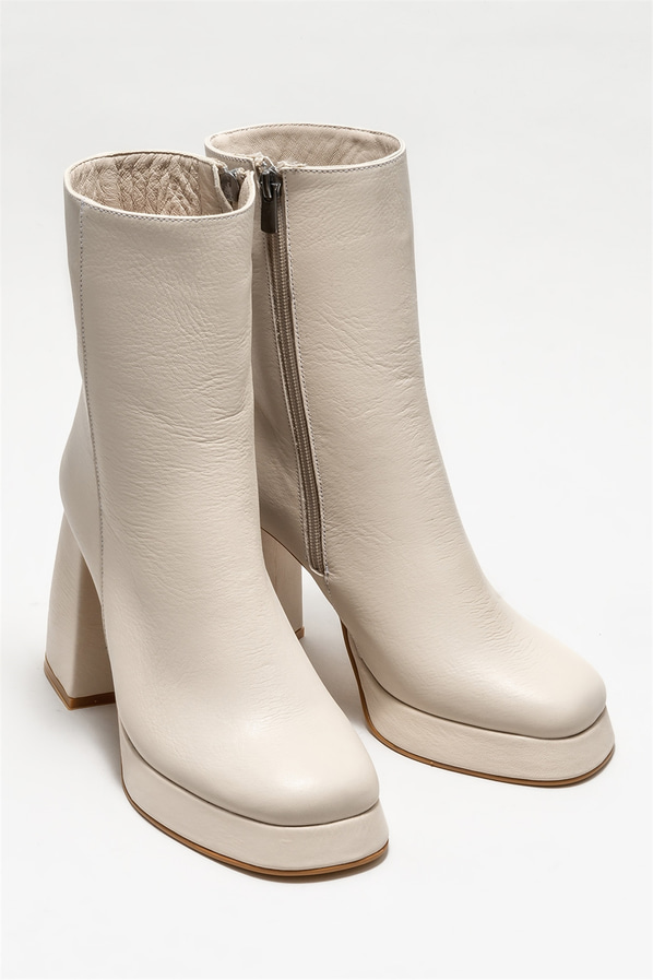 Bej deri topuklu kadın bot - Elle Shoes