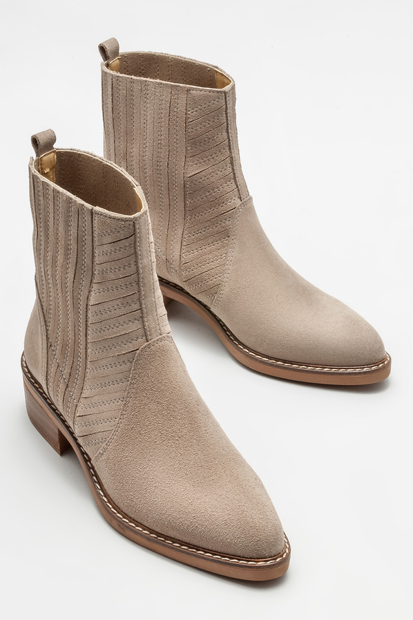 Bej deri topuklu kadın bot - Elle Shoes